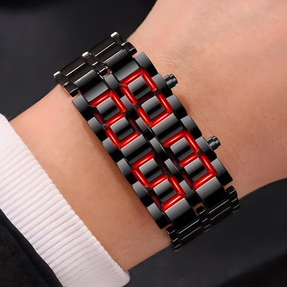 Fashion Full Metal Digital Lava Wrist Watch Men LED Display Watches Gifts for Male Female Sport Creative Watch (Black Red)