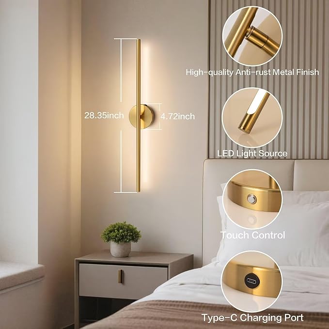 Rechargable Wall Sconce Set of Two, Modern Wireless Brass Wall Light Sconce with Remote, 28.35Inch Dimmable Indoor Home Wall Decor Lights for Bedroom, Living Room, Hallway (Bronze/Round)