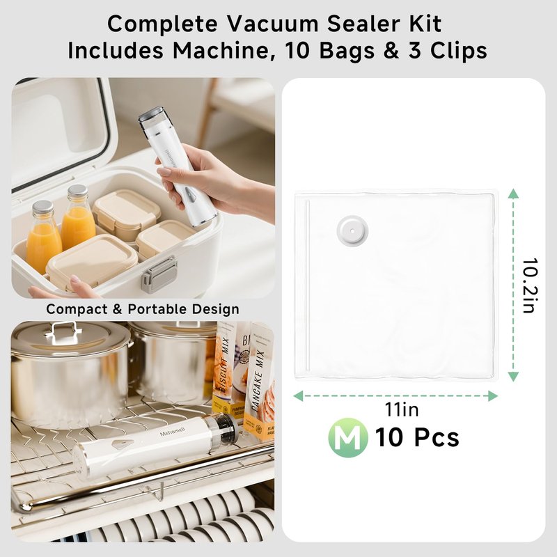 Mehomeli Compact Vacuum Sealer for Food (Vacuum Sealer Machine + 10 Reusable Vacuum Bags), Powerful Handheld Vacuum Sealer Machine, Seal Food 6X Fresh Longer, Portable & Wireless, Easy-Clean