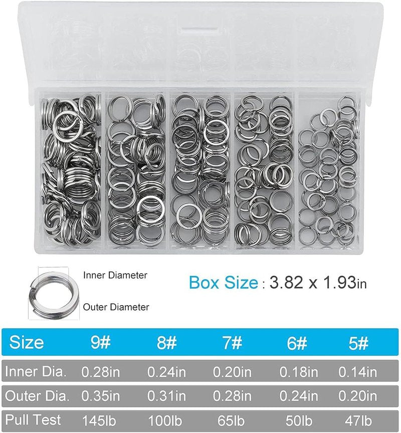 Fishing Stainless Steel Split Rings Set - 201pcs with 5 Sizes & Durable Plier Tool Kit