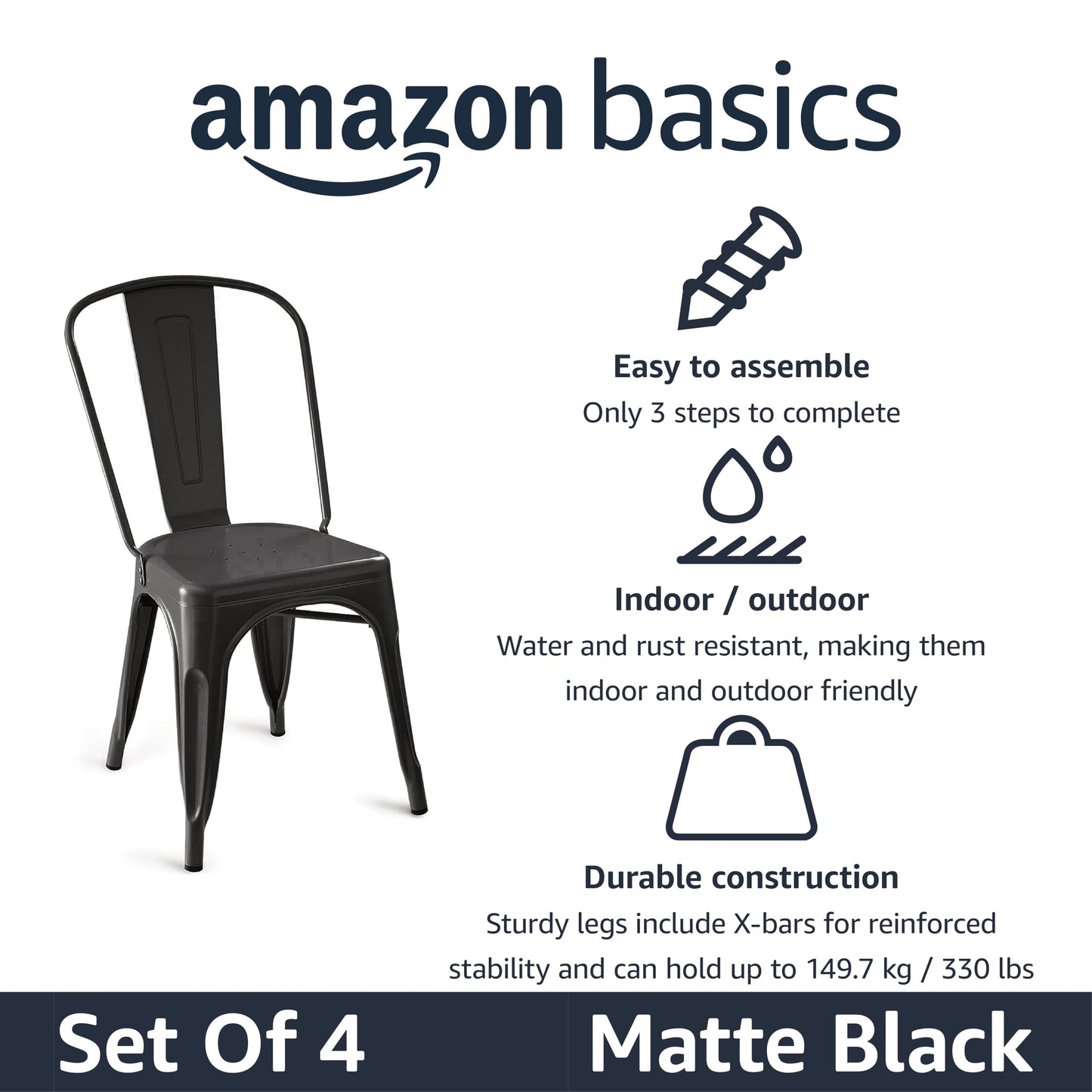 Amazon Basics Metal Dining Chairs, Matte Black, 1 Count (Pack of 4)