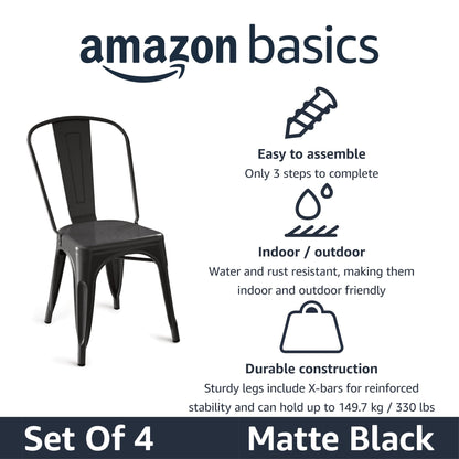 Amazon Basics Metal Dining Chairs, Matte Black, 1 Count (Pack of 4)