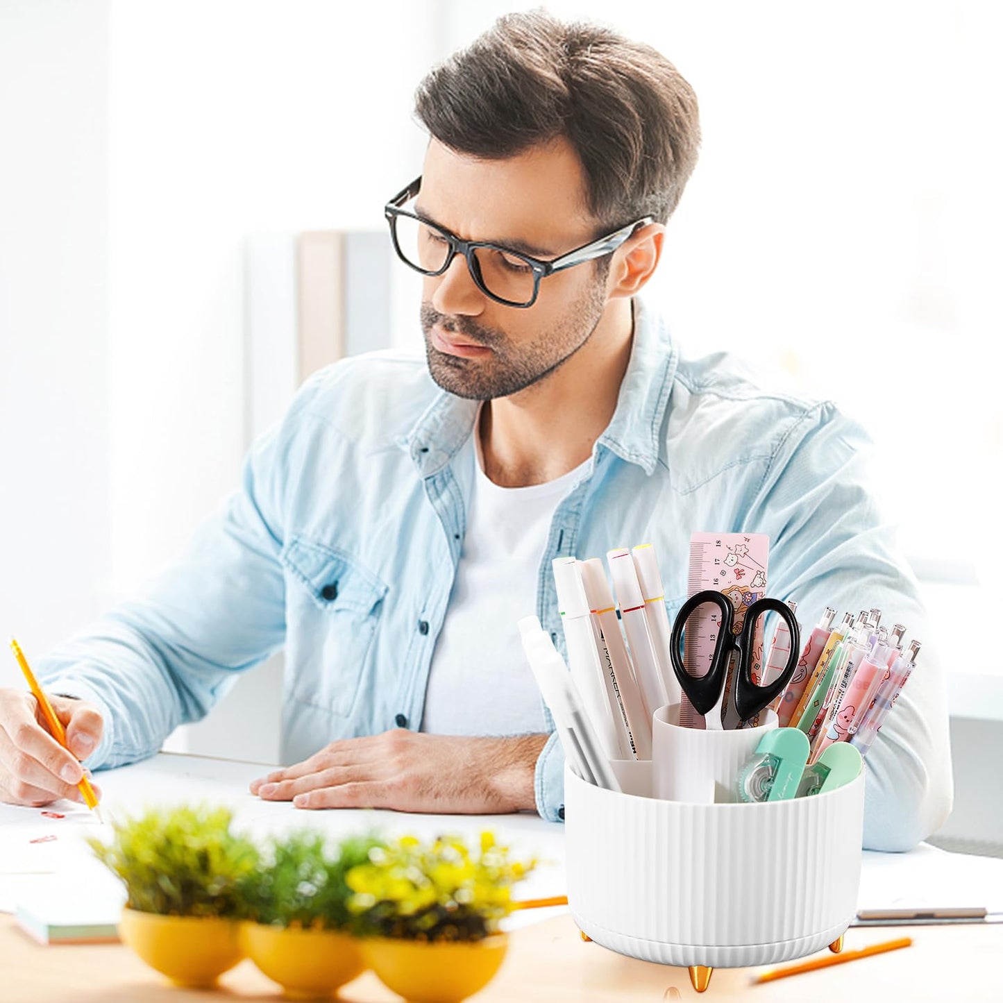 Cayxenful Pencil Holder For Desk,5 Slots 360°Degree Rotating Desk Organizers And Accessories,Desktop Storage Stationery Supplies Organizer, Cute Pencil Cup Pot For Office, School, Home (B-White)