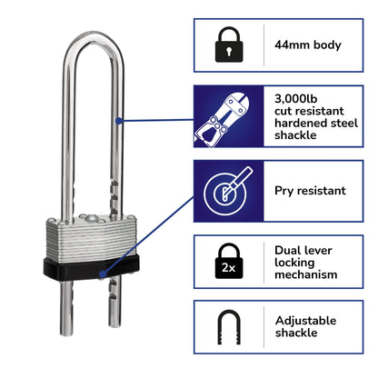 BRINKS - 44mm Laminated Steel Keyed Padlock with Adjustable Shackle - Chrome Plated with Hardened Steel Shackle