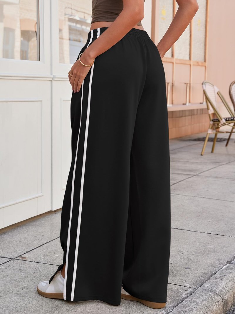 Fisoew Womens Wide Leg Pants Casual Baggy Elastic Waist Side Slit Contrast Stitch Loose Workout Sweat Pants with Pockets Black
