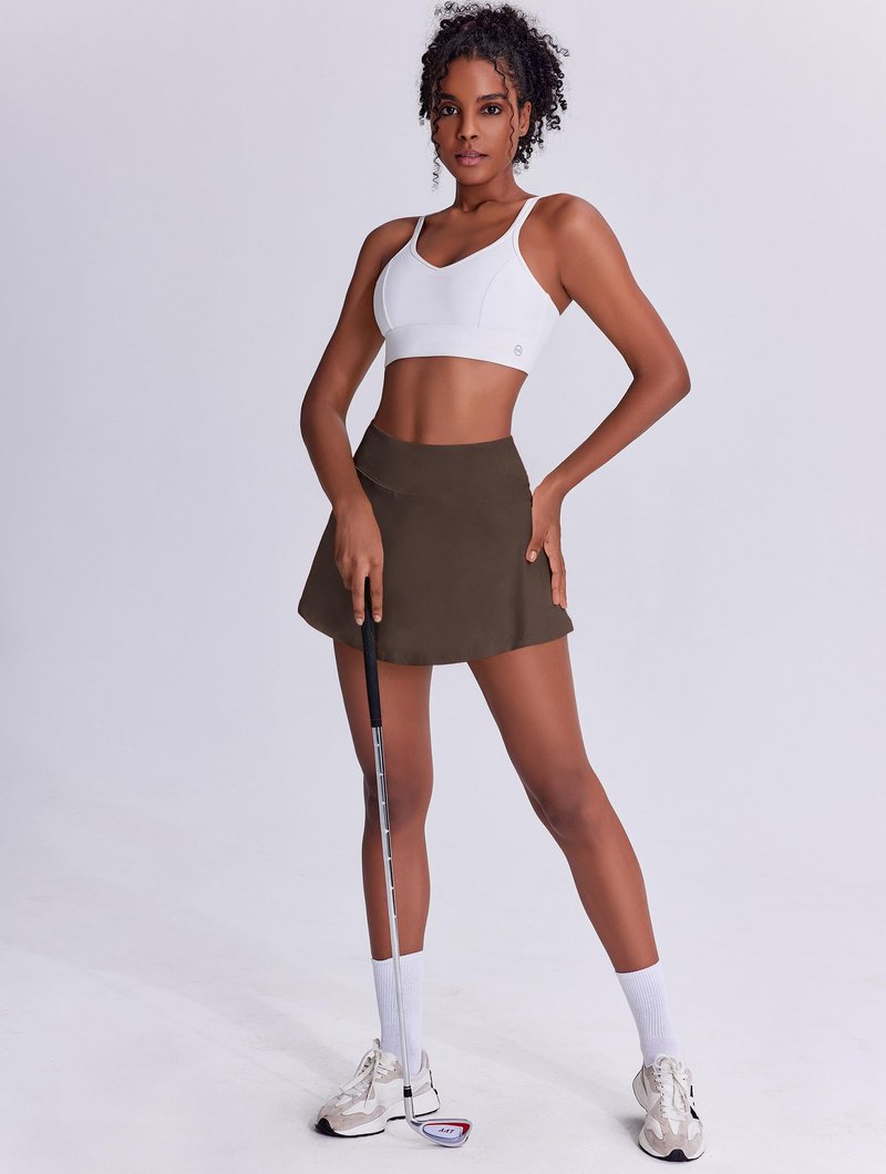 PINSPARK Tennis Skirts for Women Lightweight Golf Skirt with Pockets Stretchy Pickleball Skorts Quick Dry Athletic Skort Flowy Pleated Active Skirt, Espresso Brown Medium