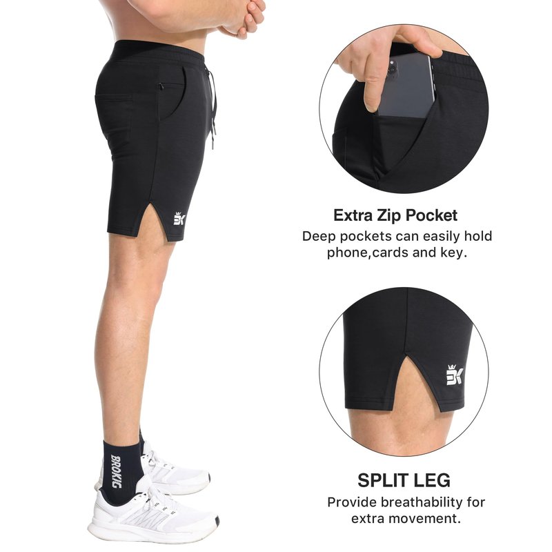 BROKIG Men's Airstretch Gym Shorts,5 Inch Slim Fit Running Exercise Athletic Workout Shorts for Men with Zipper Pockets(Black,Large)