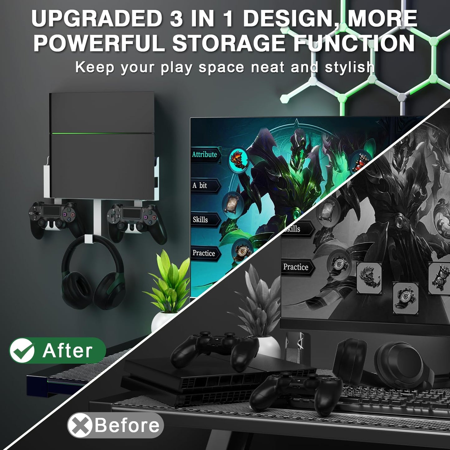 Wall Mount Kit with Detachable 2 Controller Holder & Headphone Hanger, Mount On The Wall Or On The Back Of The TV, Wall Mount Compatible with PS4, White