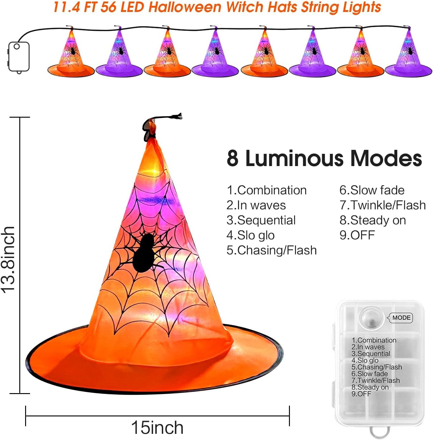 Twinkle Star 8 Pcs Lighted Hanging Witch Hats, Halloween Decorations Lighted Witch Hats with Remote Control String Lights, Battery Powered with 8 Lighting Modes for Garden, Yard, Tree
