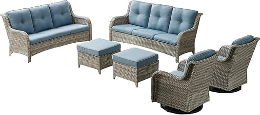 Rilyson Patio Furniture Swivel Chairs Set - 6 PC Wicker Rattan Outdoor Sectional Conversation Sets with 2 Rocking Chair,2 Ottoman and 2 Sofa for Porch Deck Garden(Light Grey/Sky Blue)