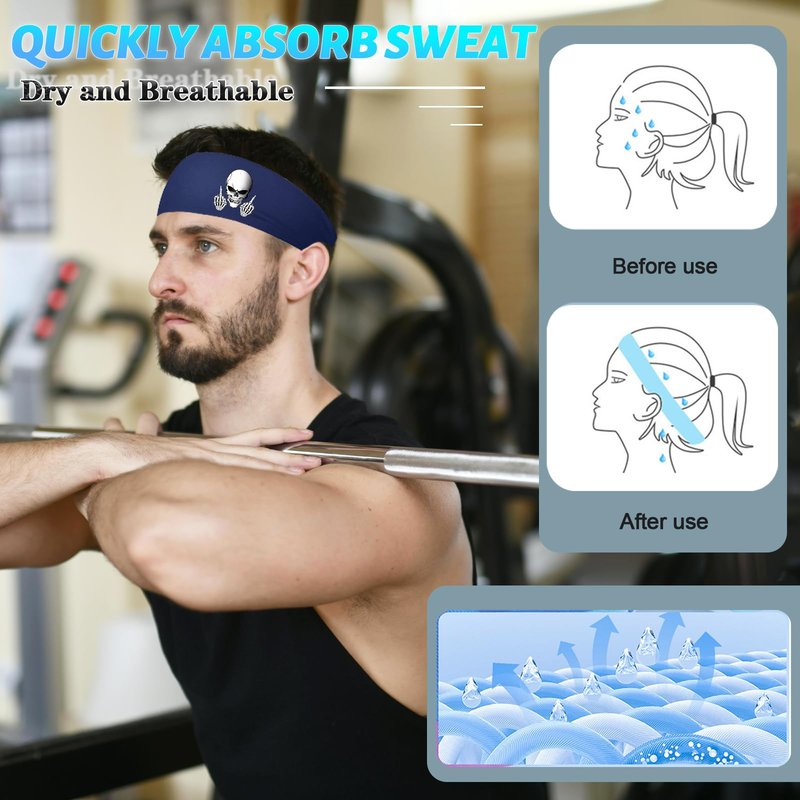 Headbands for Men Women 3 Pcs Sports Sweat Bands Headbands Men Skull Finger Workout Sweatbands for Mens Women Cooling Headband Running Head Band for Mens Elastic Hairband for Yoga Gym Athletic Gifts