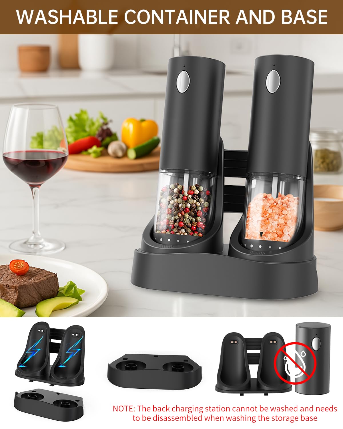 CIRCLE JOY Electric Salt and Pepper Grinder Set Rechargeable Pepper Mill Grinders with Charging Base, External Adjustable Coarseness, 95ml Container and White LED Light, Black