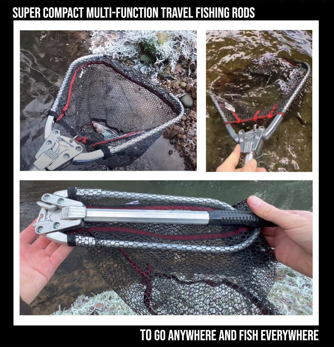 Travel Fishing Landing Net. Super Compact, Folding, Rugged Travel Fish Net. Extra Deep Coated, Low Smell Net + S Carry Hook. Freshwater and Saltwater Angling.