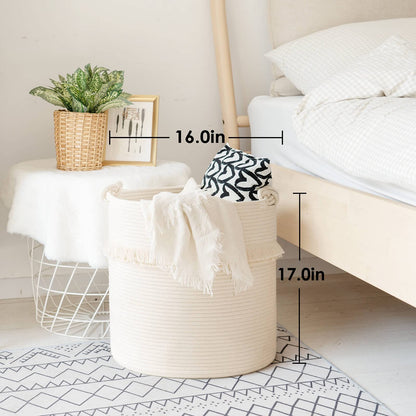 CherryNow Extra Large Woven Storage Baskets – 17'' x 16'' Cotton Rope Decorative Hamper for Magazine, Toys, Blankets, and Laundry, Cute Tassel Nursery Decor - Home Storage Container Off-white