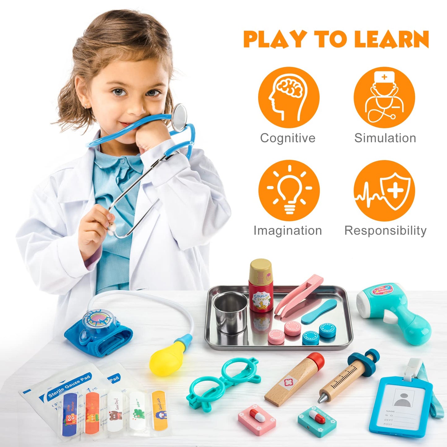 Sundaymot Kids Doctor Kit Toy with Real Wooden Stethoscope, Thermometer, Syringe and Practical Items for Children Role Play Medical, Gift for 3 4 5 Years Boys Girls