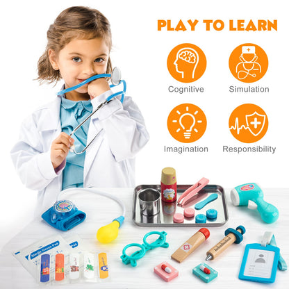 Sundaymot Kids Doctor Kit Toy with Real Wooden Stethoscope, Thermometer, Syringe and Practical Items for Children Role Play Medical, Gift for 3 4 5 Years Boys Girls