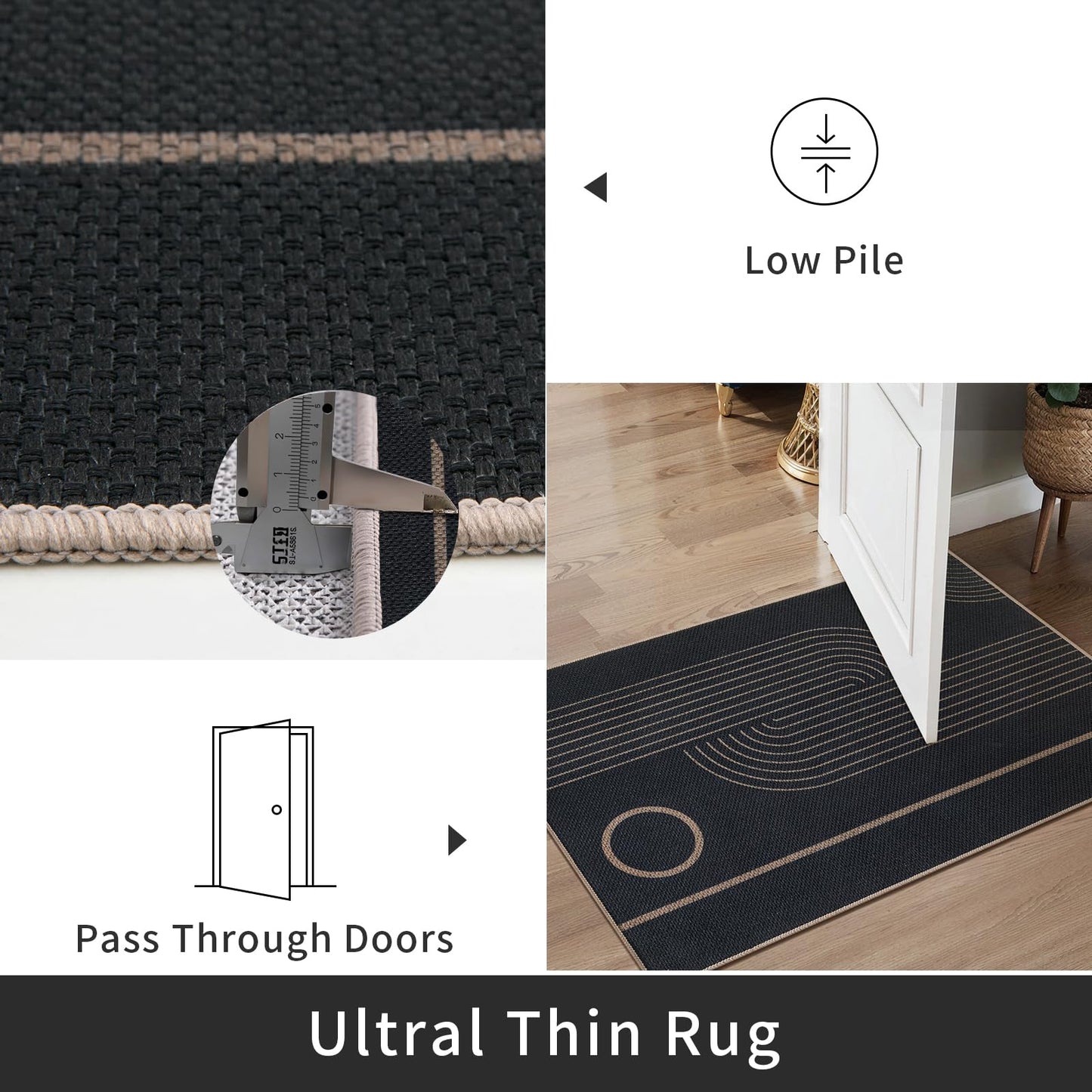 Tangsoo Geometric Line 3x5 Easy Jute Rug for Living Room,Washable Ultra Thin Area Rug Non-Slip Black Outdoor Mat,Boho Rainbow Front Door Carpet for Front Porch Entryway Bedroom Patio