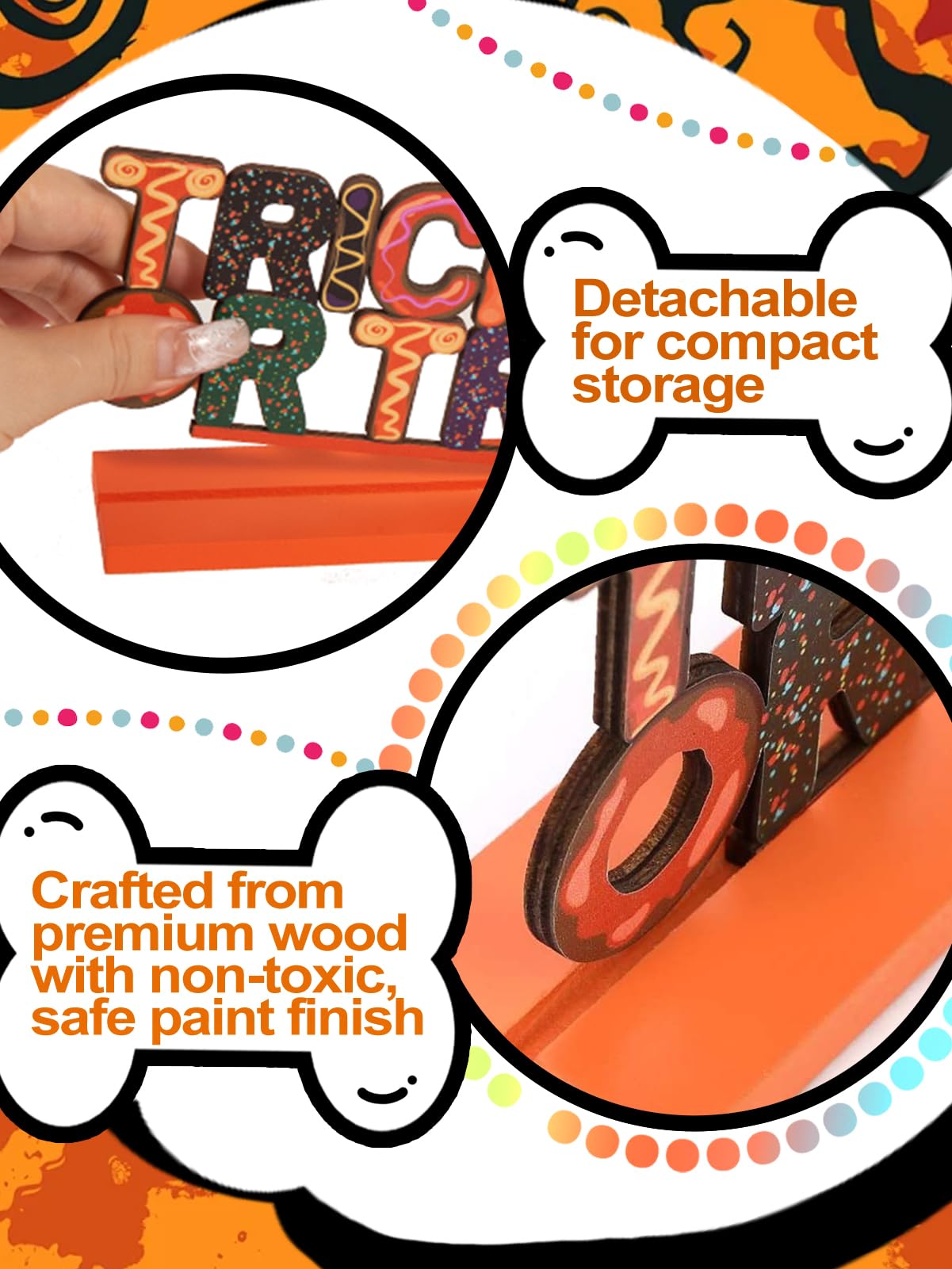 3Pcs Cute Halloween Table Decor Centerpiece Signs - Wooden Happy Halloween/Trick or Treat/Boo Indoor Decorations Gifts for Home Party, Office Desk, Kitchen, Tiered Tray