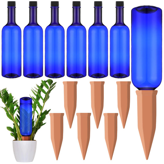SiliFine 6 Sets Plant Watering Devices Include Terracotta Self Watering Spikes and 26 oz Plastic Bottles, Slow Release Vacation Insert Automatic Plant Waterer Device (Dark Blue and Terracotta)