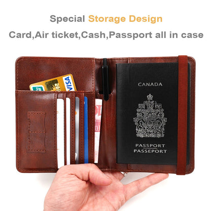 kandouren RFID Blocking Passport Holder Cover Case,Travel Luggage Passport Wallet Made with Brown Map Crazy Horse PU Leather for Men & Women