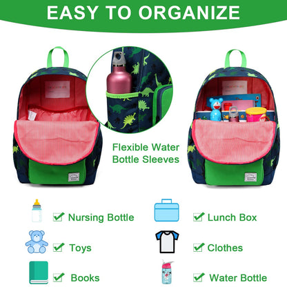 VASCHY Kids Backpack, 13L School Bag for Boys 4-6 Years Water Resistant Toddler Dinosaur Rucksack Children's Backpack with Elastic Water Bottle Pockets for Elementary School(Green Dino)