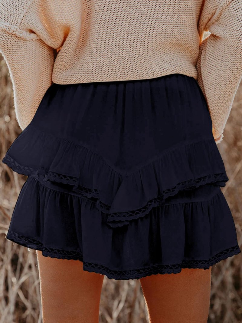 Aoudery Flowy Shorts for Women Casual Boho Ruffle Tiered Skorts High Waist Mini Skirts Golf Tennis Butterfly Crochet Shorts - Navy Blue M