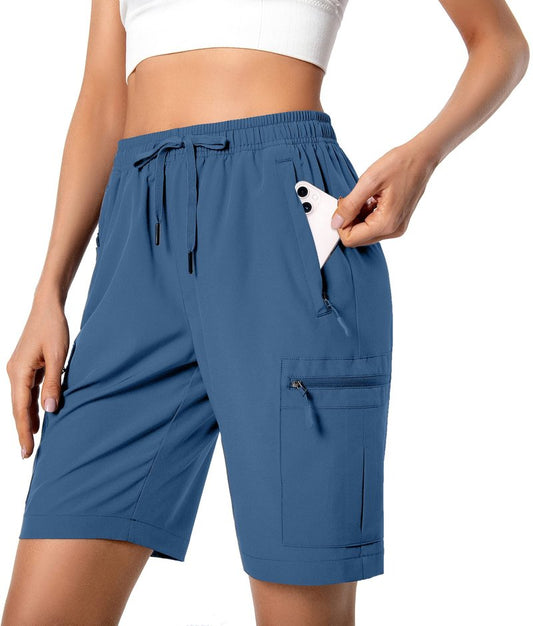Hugut Women's Lightweight Hiking Cargo Shorts Quick Dry Athletic Shorts for Camping Travel Golf with Zipper Pockets Water Resistant Blue