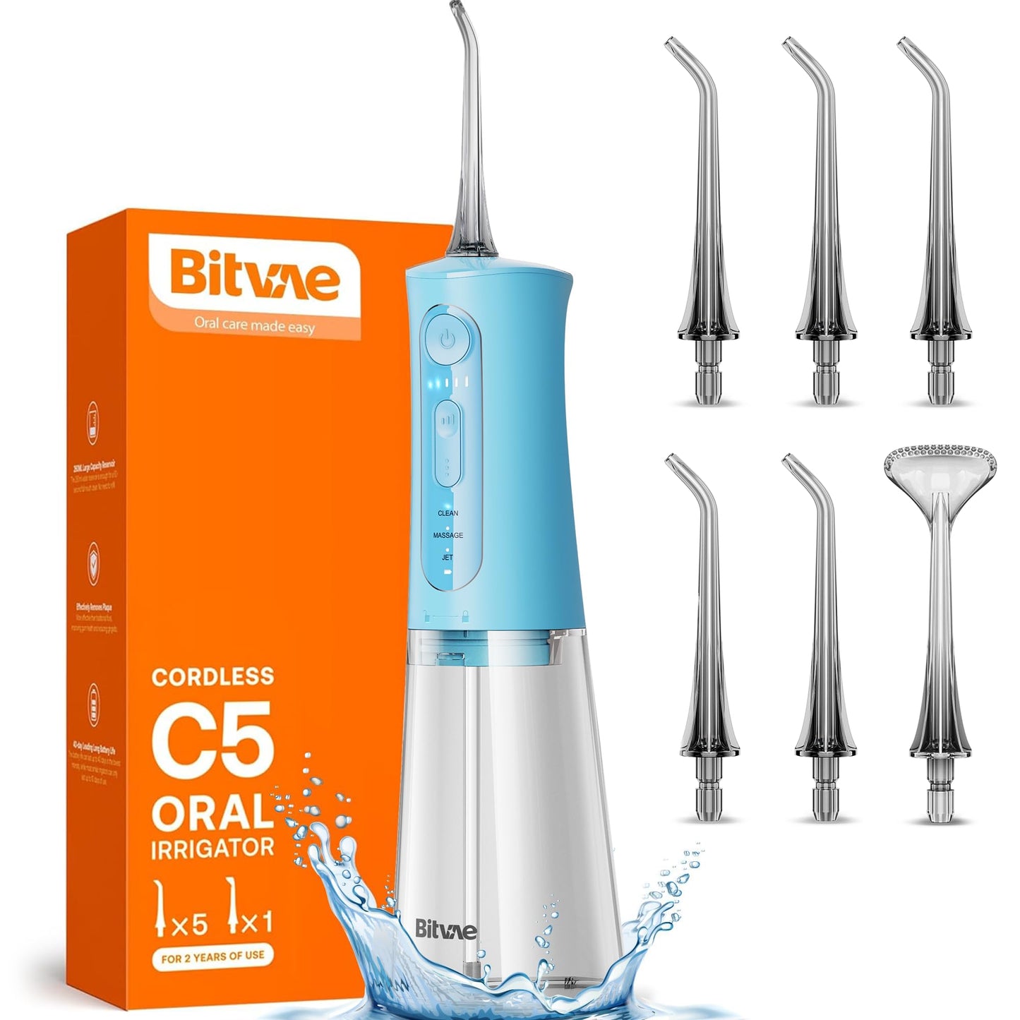 Bitvae Water Dental Flosser for Teeth, Cordless Water Teeth Cleaner Picks, 3 Modes 5 Intensities, IPX7 Waterproof, Rechargeable Water Dental Picks for Cleaning - Black