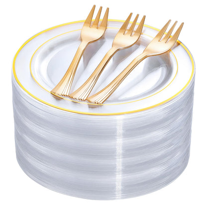 DaYammi 240Pcs Appetizer Plates Include 120Pcs Gold Dessert Plates 6.3inch with 120Pcs Gold Plastic Forks 5.7inch,Clear gold plates Disposable Salad Plate for Party Cake Plate for Wedding