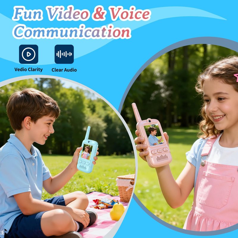 Video Walkie Talkies for Kids Rechargeable Walkie Talkies Long Range with Emoji Chat and Photo Functions Multifunctional Indoor Outdoor Toys for Kids Christmas Birthday Gifts (Pink&Blue)