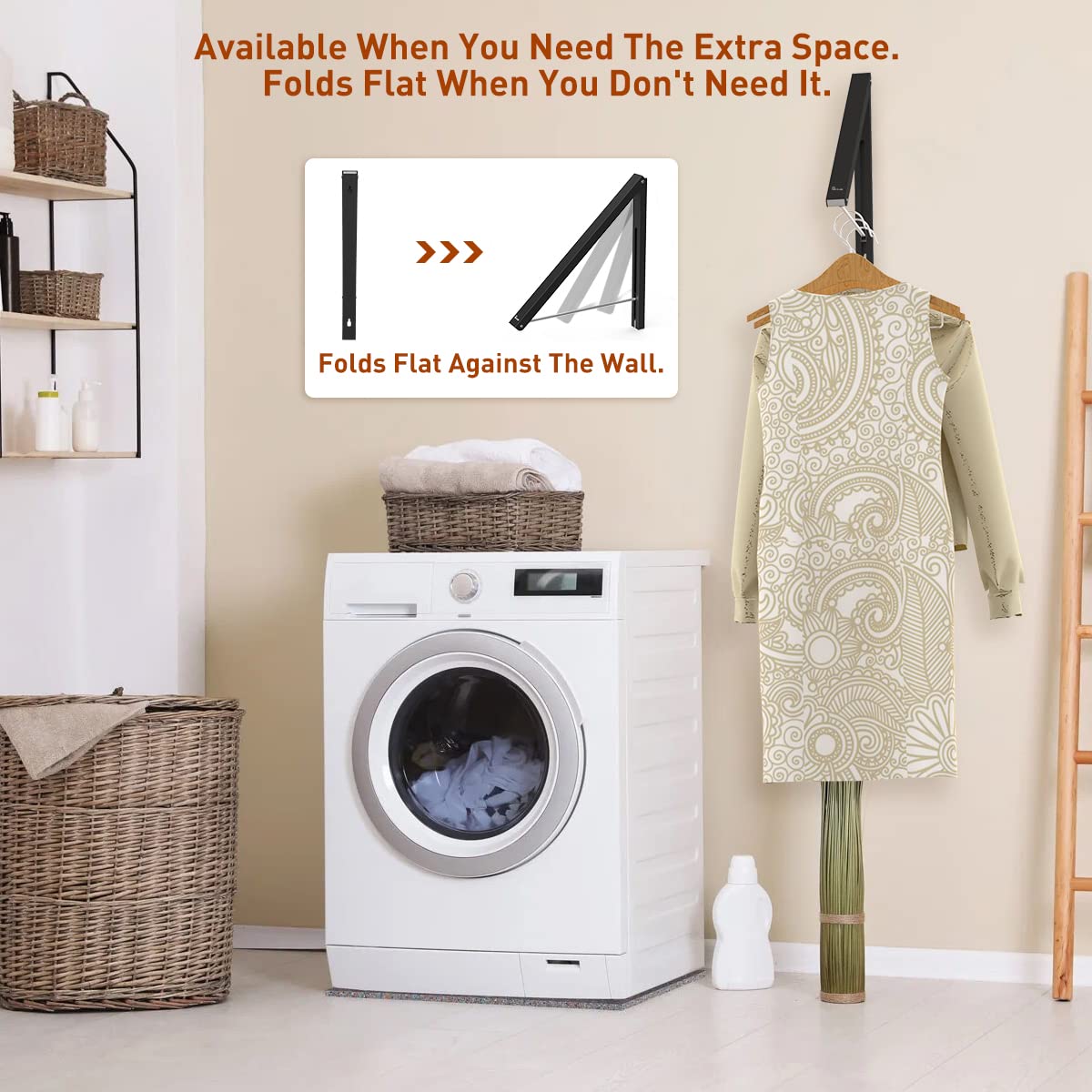 Anjuer Retractable Clothes Rack - Wall Mounted Folding Clothes Hanger Drying Rack for Laundry Room Closet Storage Organization, Aluminum, Easy Installation (Black)