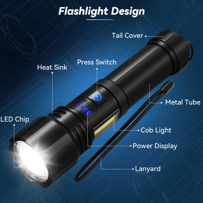Sigoobal Rechargeable Flashlight, High Lumens Super Bright Flash Light, 7 Modes with COB Work Light, IPX6 Waterproof, Powerful Handheld LED Flashlights for Home Camping Hiking