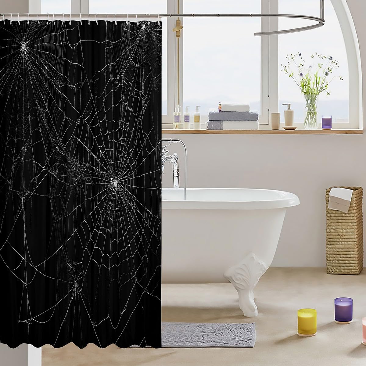 Feelyou Spider Web Bath Curtain Halloween Theme Spider Print Shower Curtain Black White Decor Bathroom Curtain Set Polyester Trick or Treat Waterproof Shower Curtains 72"x72"
