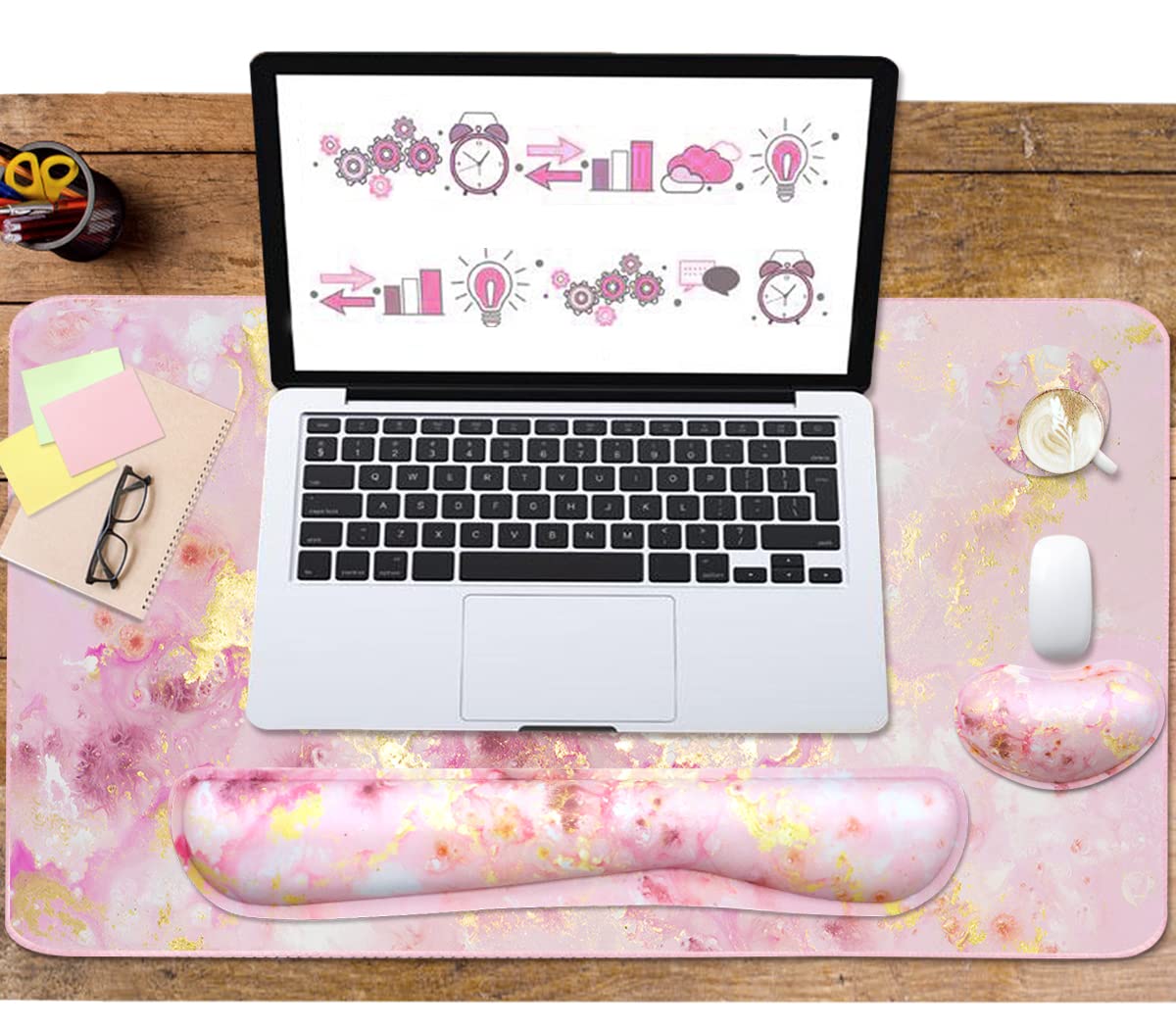 4-in-1 Large Gaming Mouse Pad, Keyboard Wrist Rest Pad & Wrist Support Mousepad Set, Extended Desk Pad Waterproof Desk Mat for Home Office Study Game-Pink Gold Marble