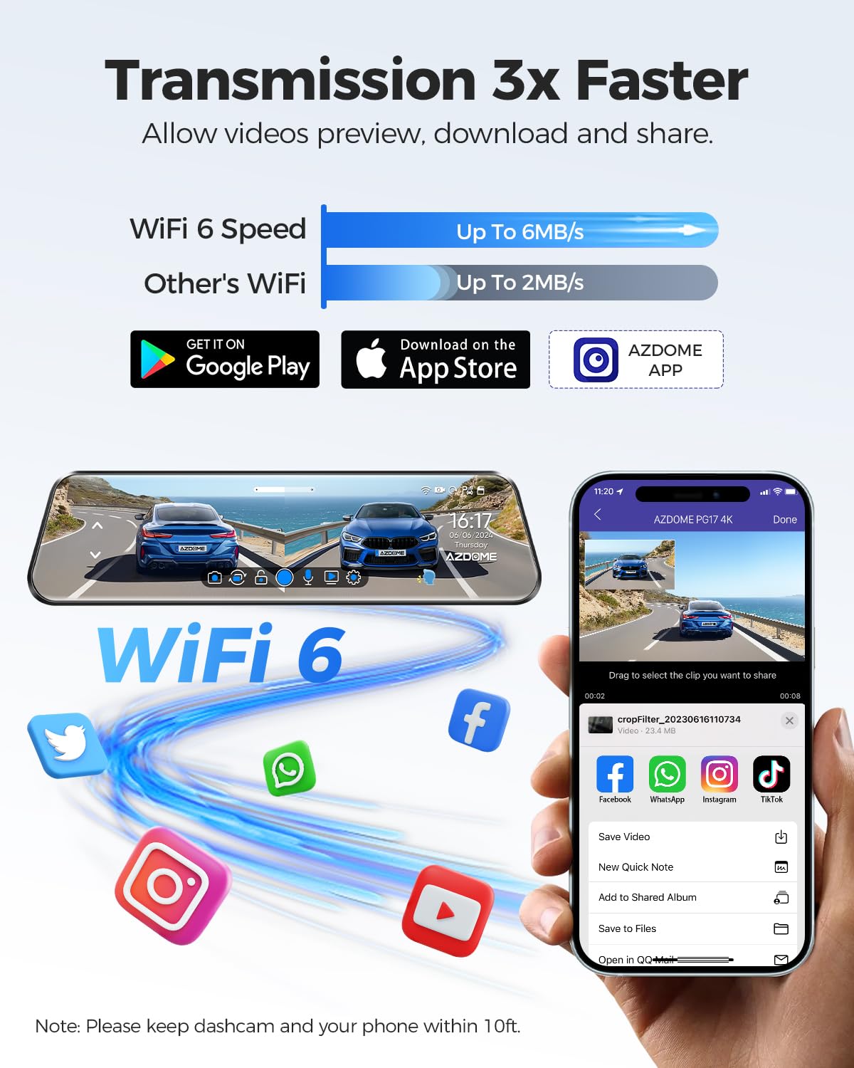 AZDOME PG17 12" 4K Mirror Dash Cam Front and Rear, Wi-Fi 6 Rear View Mirror Camera with 64GB Card, Voice Control Dash Camera for Car, Rearview Mirror Camera with GPS Night Vision Parking Assistance