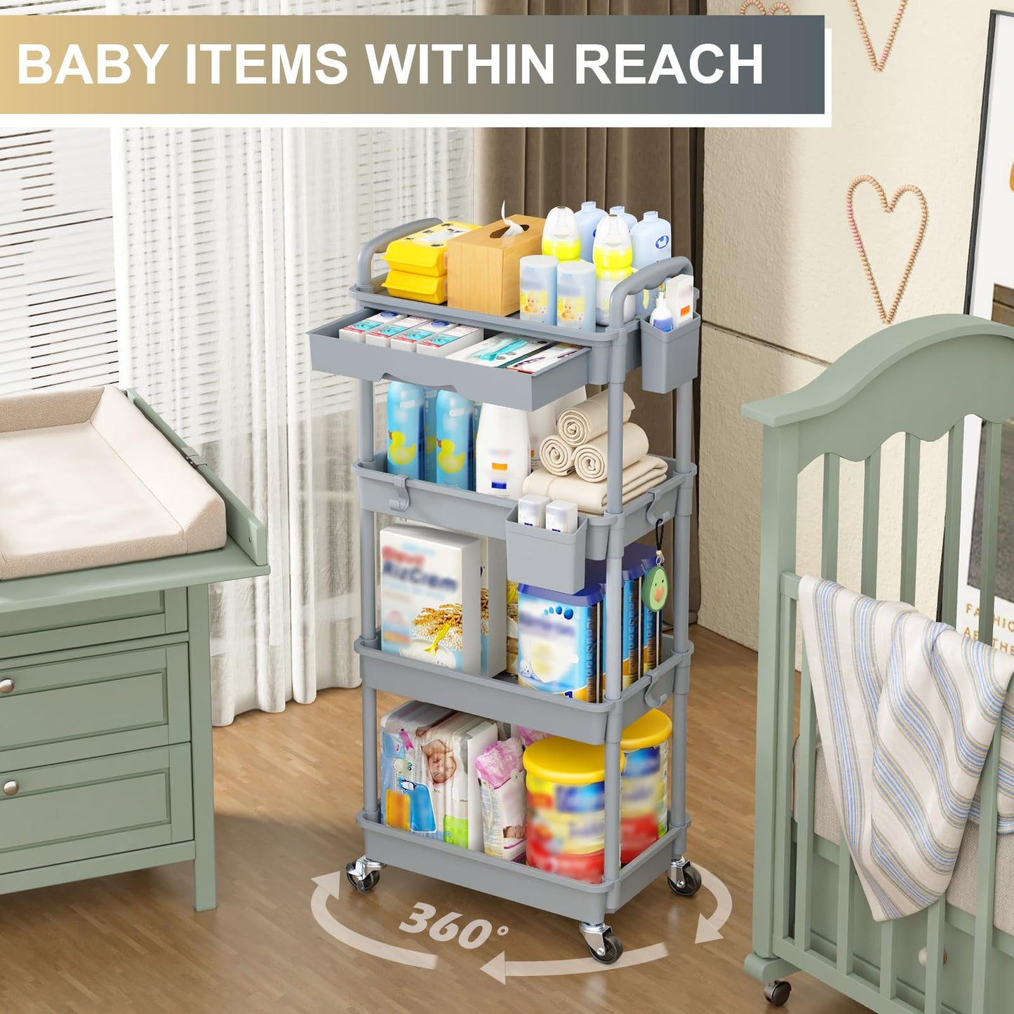 Goovilla 3 Tier Rolling Utility Cart Organizer with Removable Drawer, Stable and Sturdy Black Rolling Storage Carts with 2 Lockable Wheels for Bathroom, Kitchen, Snack, Craft, Makeup, Baby Essentials