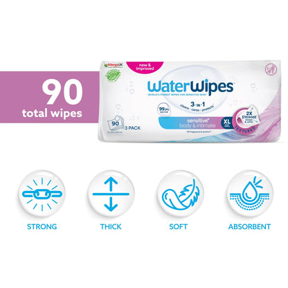 WaterWipes Sensitive+ Body & Intimate Wipes, 90 Wipes (3 Packs), 3-In-1 Cleans, Cares, Protects, 99.9% Water, Unscented & Hygiene Wet Wipes, Adult Care