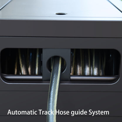 AQUAZILLA Metal Garden Hose Reel Deck box, Durable Steel Garden Hose Storage Box Cabinet, 150ft 5/8" Garden Hose Capacity. - Hose guide Manual Rewind, No-leak aluminum water connections