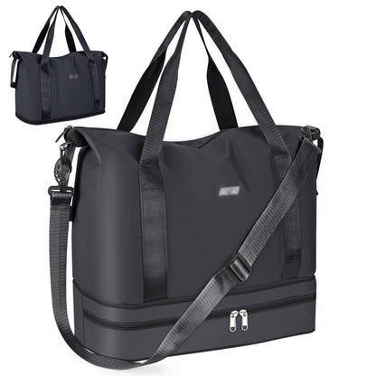 Sports Bag, Foldable Travel Bag with Shoe Compartment and Wet Compartment, CS COSDDI Water-Repellent Weekender Gym Travel Bag, Hand Luggage Bag, Training Bag for Men and Women, A1 Black, Reisetasche