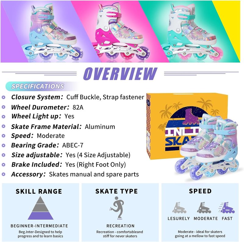 Inline Skates for Girls - Adjustable 4 Size Butterfly Roller Skates with Flashing Wheels | Indoor & Outdoor Use