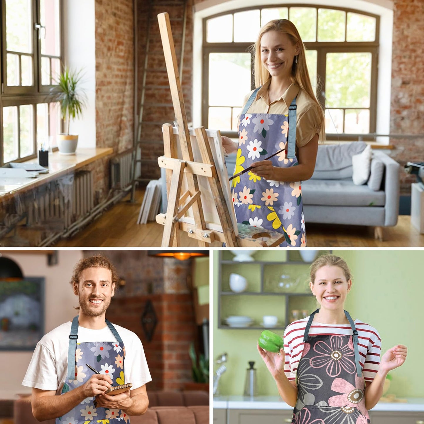IHFAIO Apron for Women with Pockets, Adjustable Waterproof Floral Chef Aprons for Kitchen, Gardening, Cooking, BBQ or Baking, 3Pcs (3)