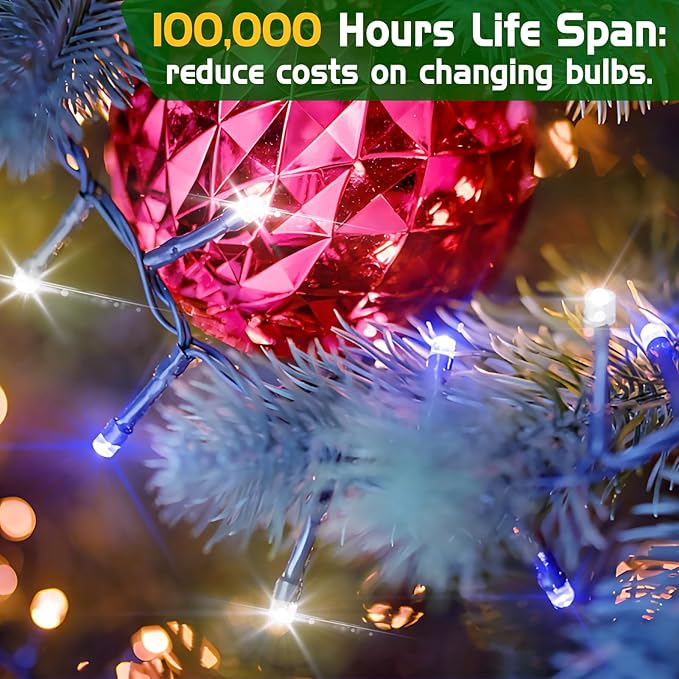 XURISEN 551FT 1400 LED Christmas Lights Outdoor Green Wire String Lights 8 Modes with Timer Memory Waterproof Fairy Light Plug in for Xmas Tree Wedding Yard Party Holiday Decorations(Blue+White)
