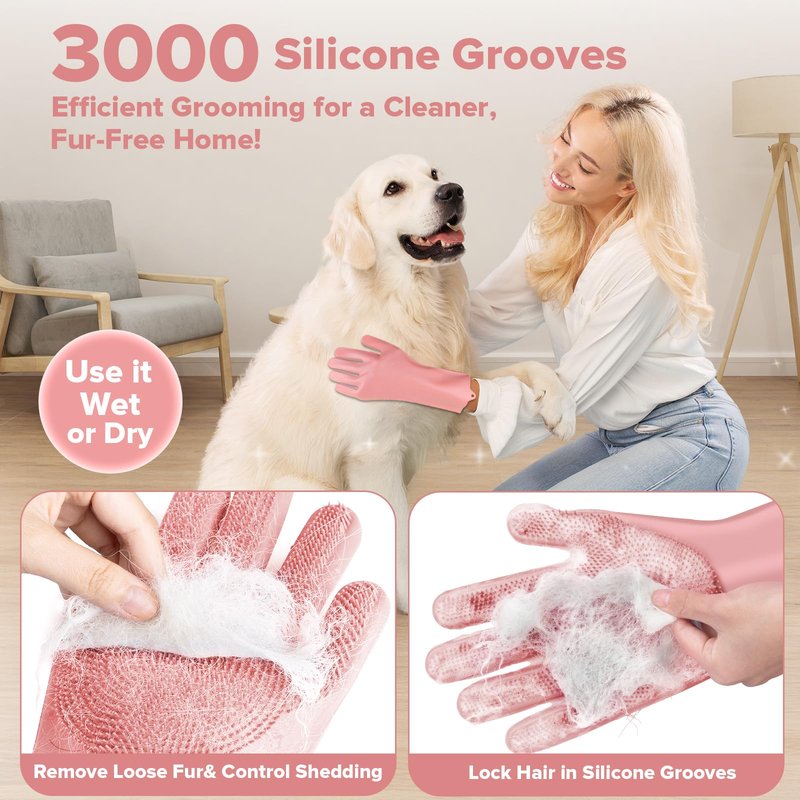 Augwind 6PCS Pet Grooming Kit for Dogs, Cats and Horses | Dog Washing Gloves | Cleanroom Gloves | Dog Bath Brush | Dog Bath Gloves | Dog Shampoo Brush | Dog Bath Supplies (Light Pink)