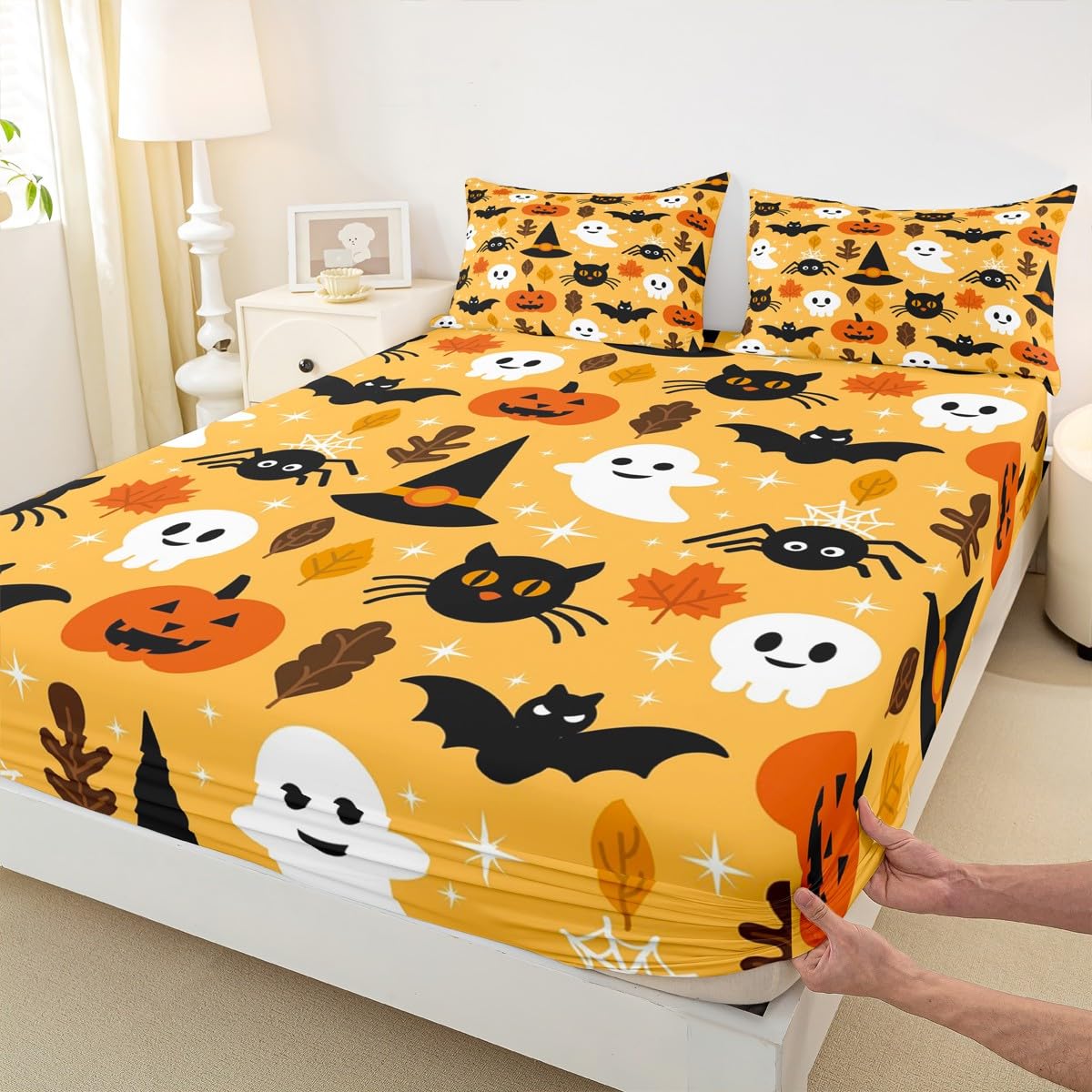 Erosebridal Halloween Fitted Sheet Twin Cartoon Pumpkin Sheet Set Lantern Bedding Ghost Bed Cover for Kids Boys Girls Bedroom Decor 2 Pcs Bedding Set (1 Fitted Sheet 1 Pillow Case) Orange