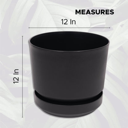 Elly Décor 12 inch Plastic Cylinder Planter Pot with Self-Watering Saucer and Drainage Hole,Lightweight & Extremely Durable, 12"x 12", Black