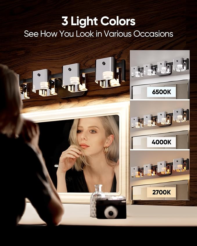 JACKYLED Bathroom Light Fixture, Modern 4-Light Vanity Lights with Art Glass Shades, 3 Color Temperatures LED Bathroom Lighting Fixture Over Mirror, 20W 1200 Lumen 30° Adjustable, Ash Gray Glass