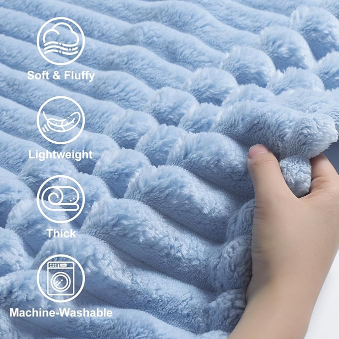 decorUhome Soft Fleece Blue Grey Throw Blanket for Couch, Cozy Fluffy Plush Flannel Striped Blanket for Sofa Bed, Lightweight Decorative Ribbed Fuzzy Blanket for Woman, 50x60 Inches