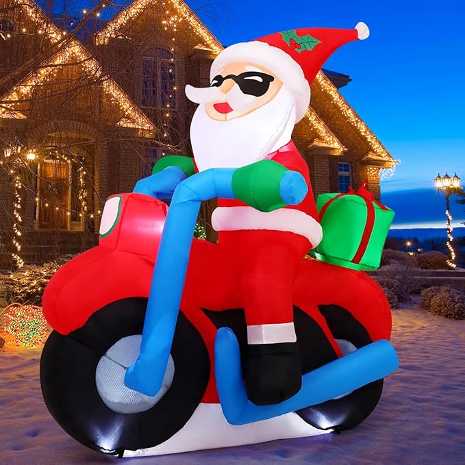 COMIN 6.4FT Christmas Inflatables Outdoor Decorations Inflatable Santa Claus Ride Motorcycle Blow Ups with Built-in LEDs for Yard Party Lawn Decor