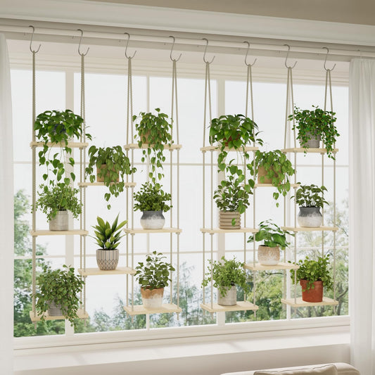 Window Plant Shelves, 8 Tier Window Sill Shelf for Plants, Macrame Hanging Plant Stand Indoor, Plant Hanger Floating Shelves, Window Plants Holder Boho Decor Living Room Bedroom Wall Decor (2 Pack)