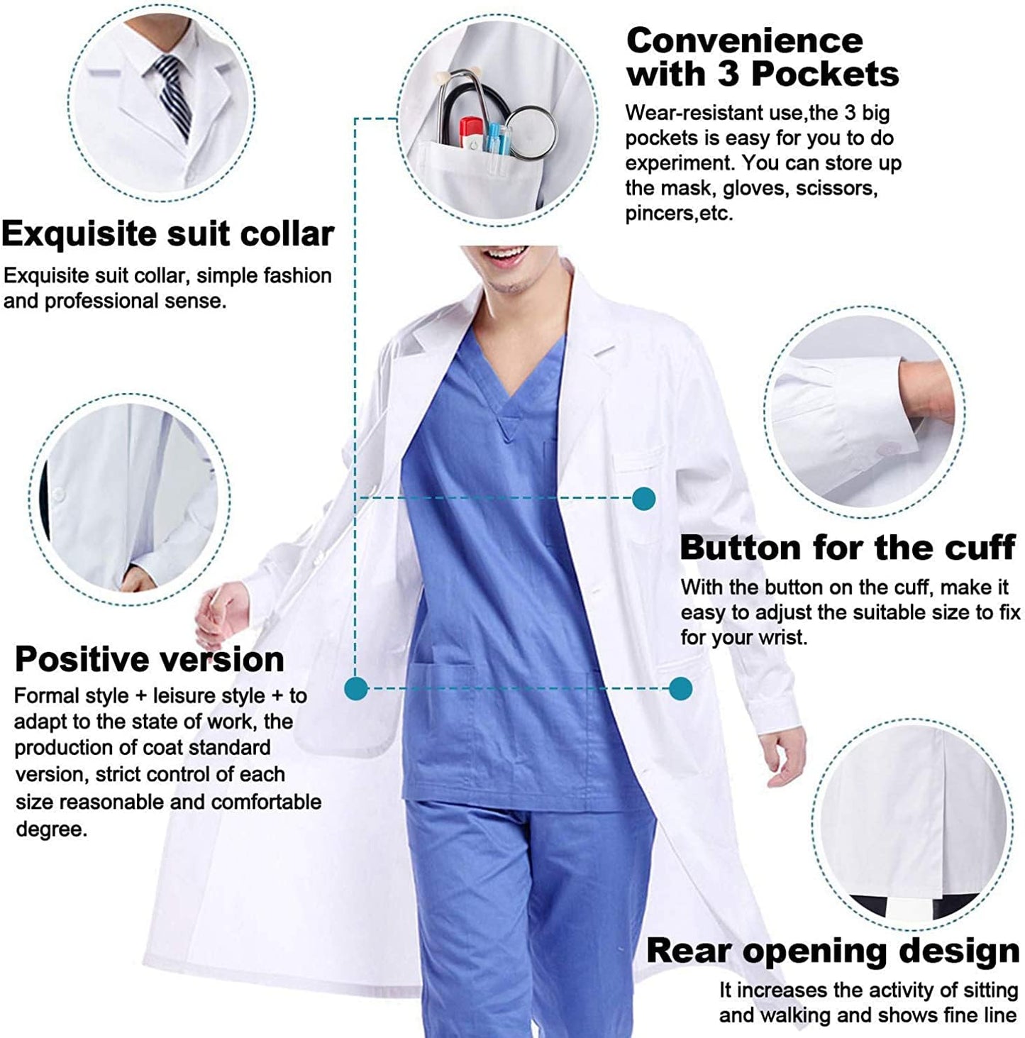 Waflyer White Unisex Cotton Polyester Scientist Lab Coat - Doctor Workwear Uniform for Food Coat Laboratory - Men's S